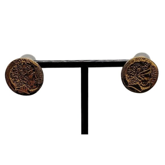 Roman Hercules Coin Post Earrings Gold Tone Antiqued Look Pierced Ears - Picture 3 of 12